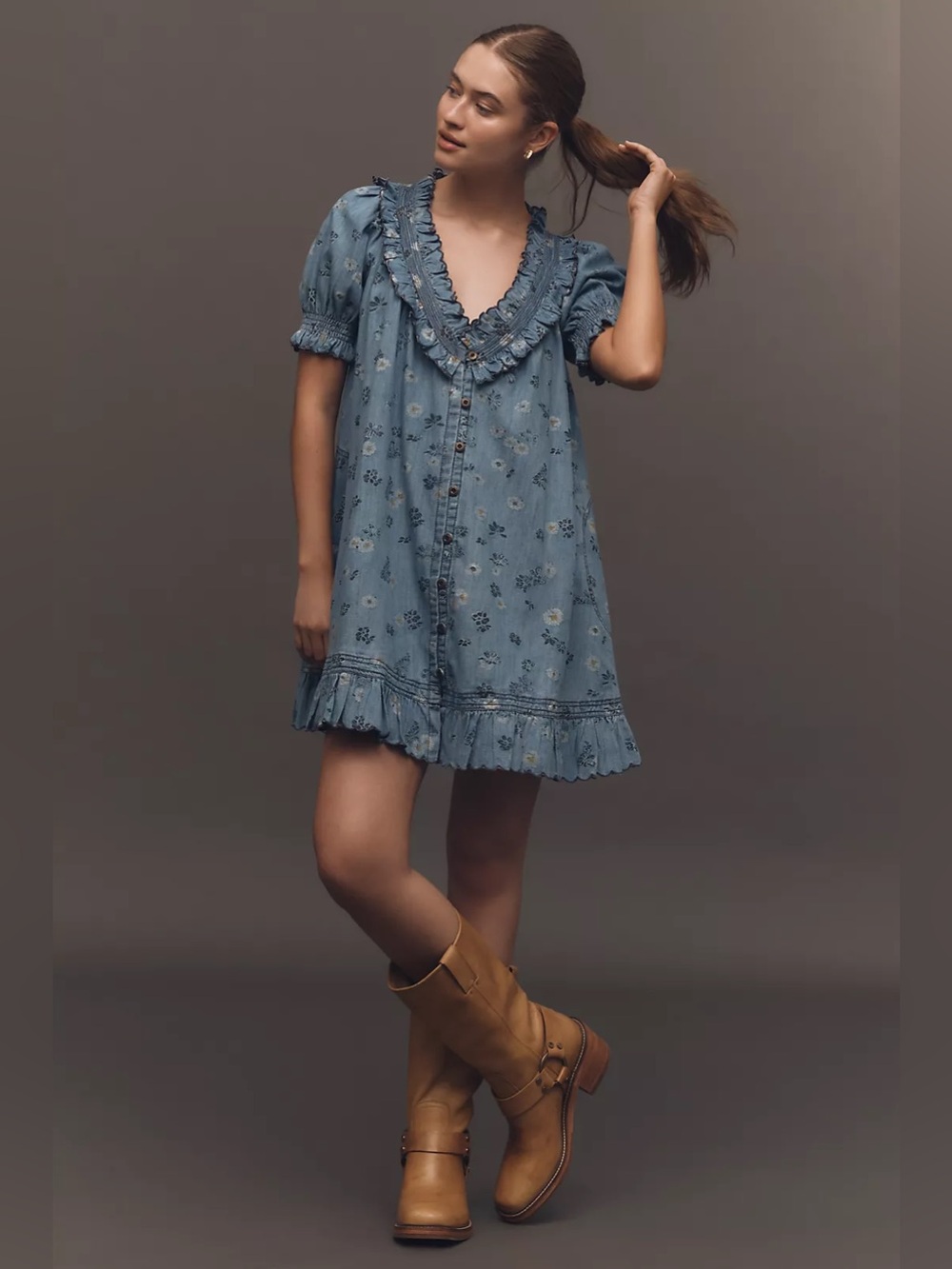 ANTHROPOLOGIE | PILCRO FLORAL PUFF SLEEVE RUFFLED V-NECK SWING MINI DRESS LARGE - Picture 2 of 8